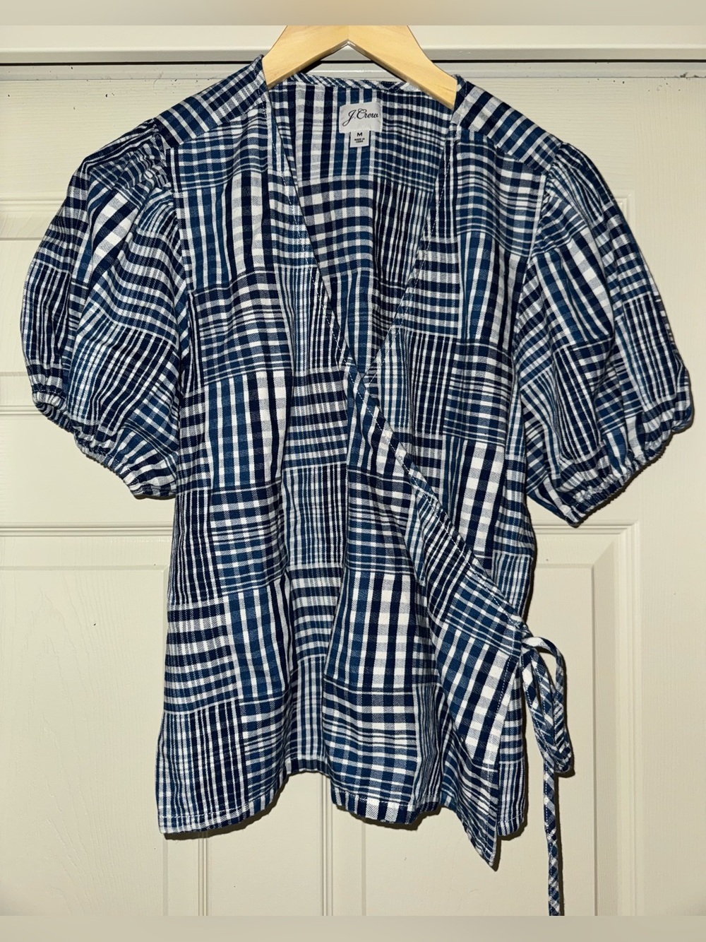 J. Crew Navy and White Plaid Wrap Blouse, sz M